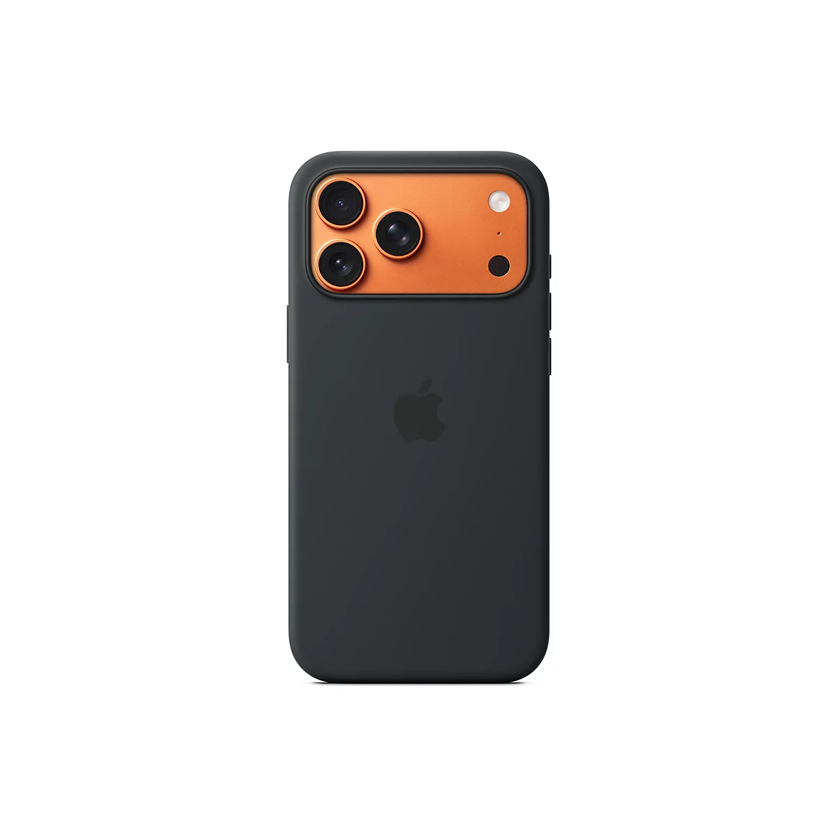 Rückansicht eines schwarzen Smartphones mit orangefarbenem Kamerabereich. Das Apple-Logo ist mittig platziert.