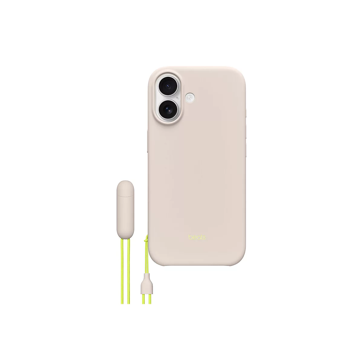 Beige Smartphone-Hülle mit neonfarbenem Kabel, das mit einem Kopfhöreranschluss verbunden ist. Das Handy-Case weist zwei Kameralinsen auf.