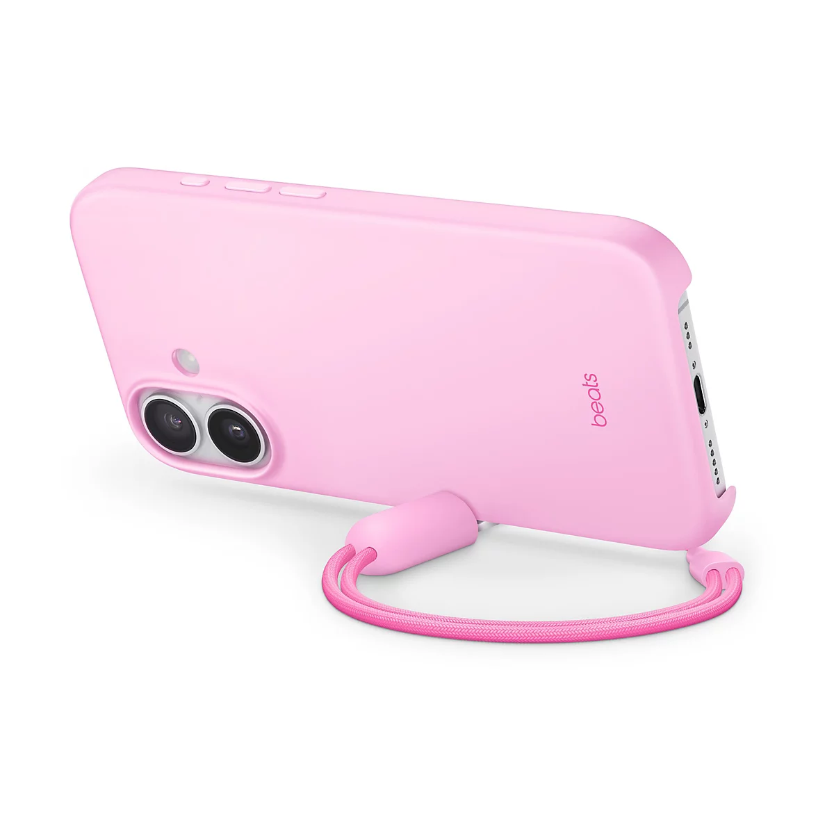 Hellrosa Smartphone-Hülle mit Handschlaufe. Auf der Rückseite ist das Beats-Logo zu sehen.