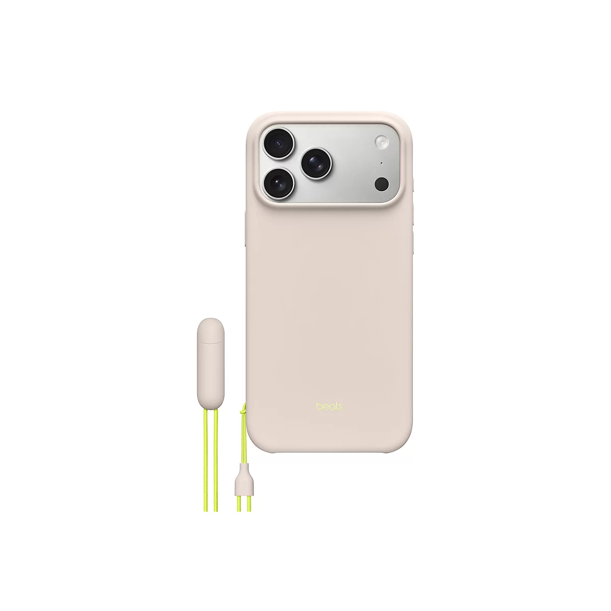 Beiges iPhone-Case mit drei Kameraobjektiven, eine beigefarbene Stift und gelbe Schnur. Auf dem Case steht "beats".