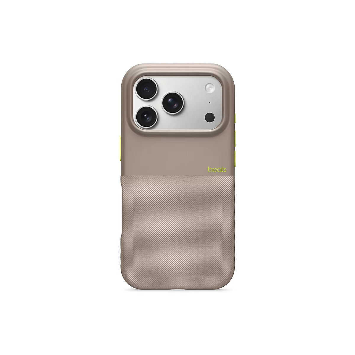 Beige Handyhülle für ein Smartphone, mit drei Kameraobjektiven. Das beats-Logo ist rechts unten zu sehen.