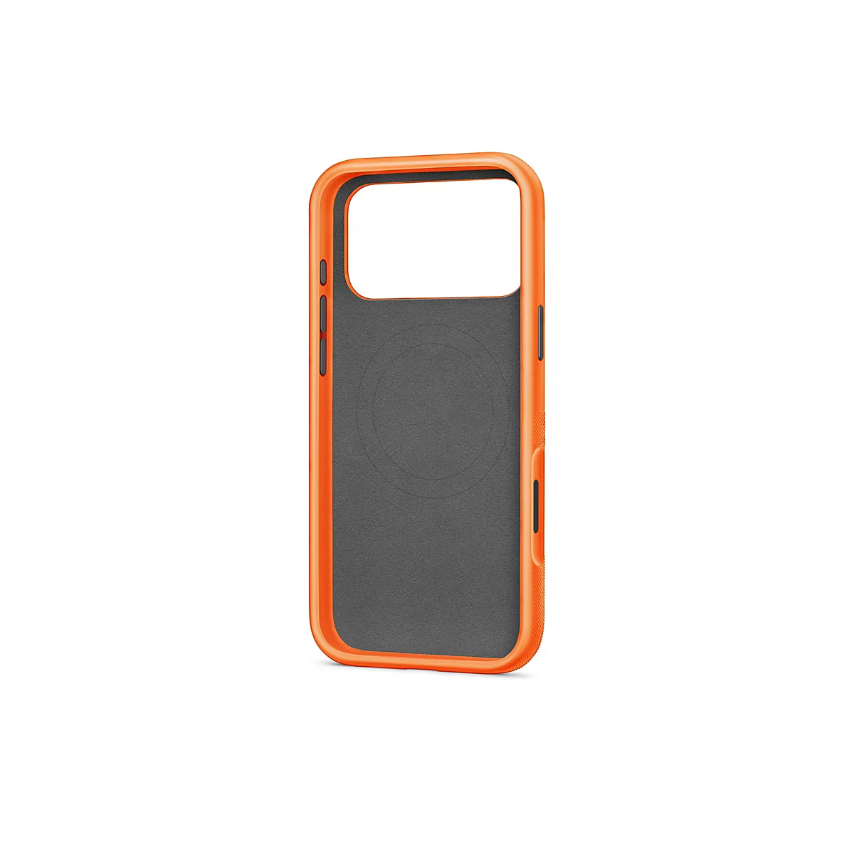 Orangenes Smartphone-Case mit grauer Innenseite. Die Außenkanten sind abgerundet. Auf der Innenseite befindet sich ein kreisförmiger Magnet.