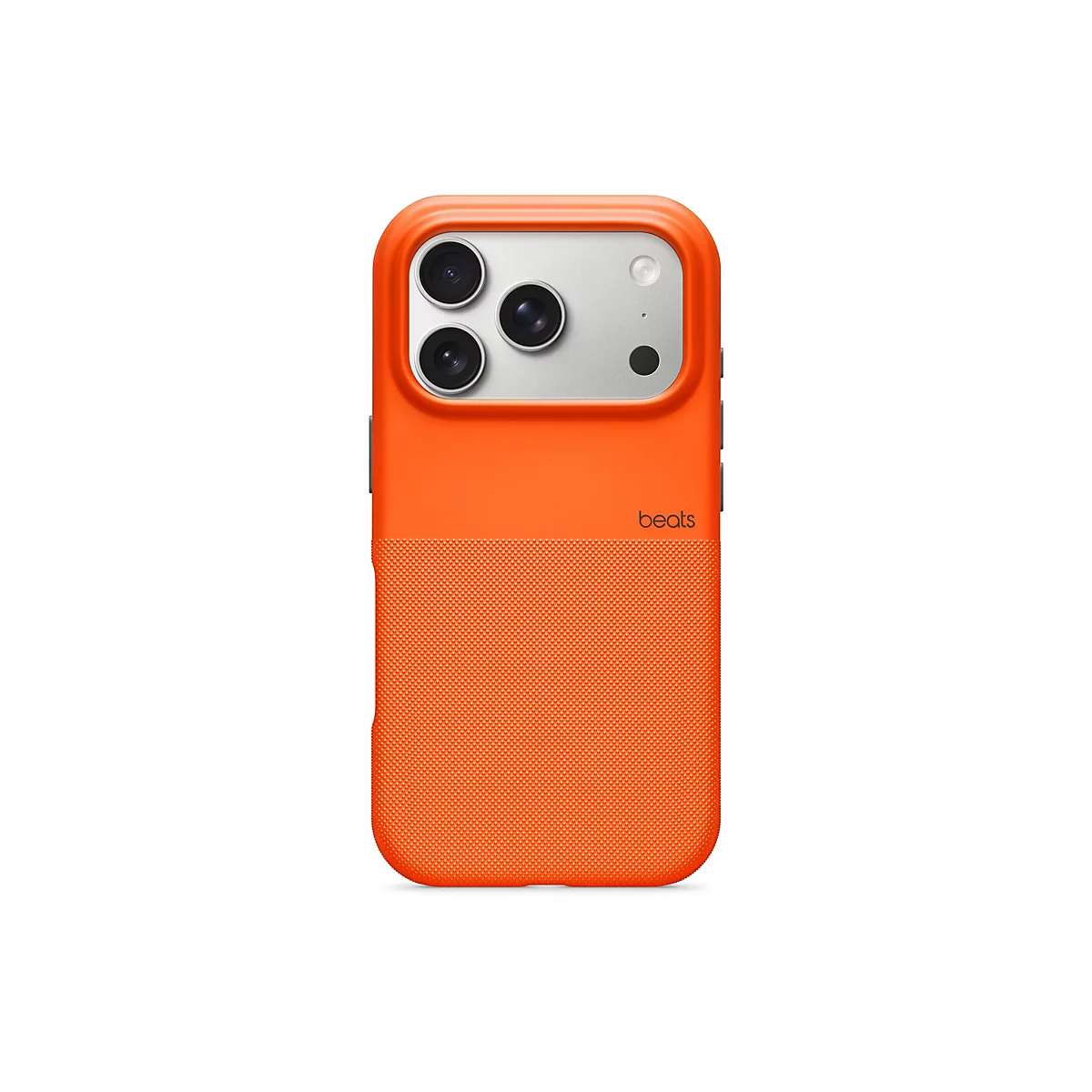 Orangefarbene Schutzhülle für ein Smartphone mit Beats-Logo und Kamera-Ausschnitt, strukturiertem unteren Bereich.
