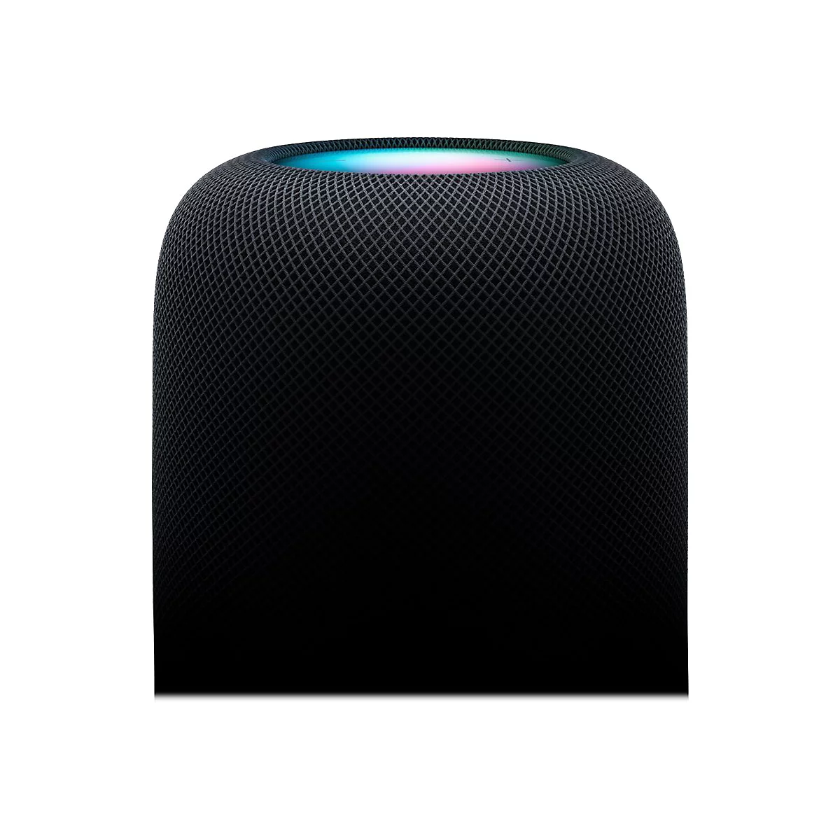 Schwarzer, zylinderförmiger HomePod-Lautsprecher mit leuchtender, mehrfarbiger Oberseite auf weißem Grund.
