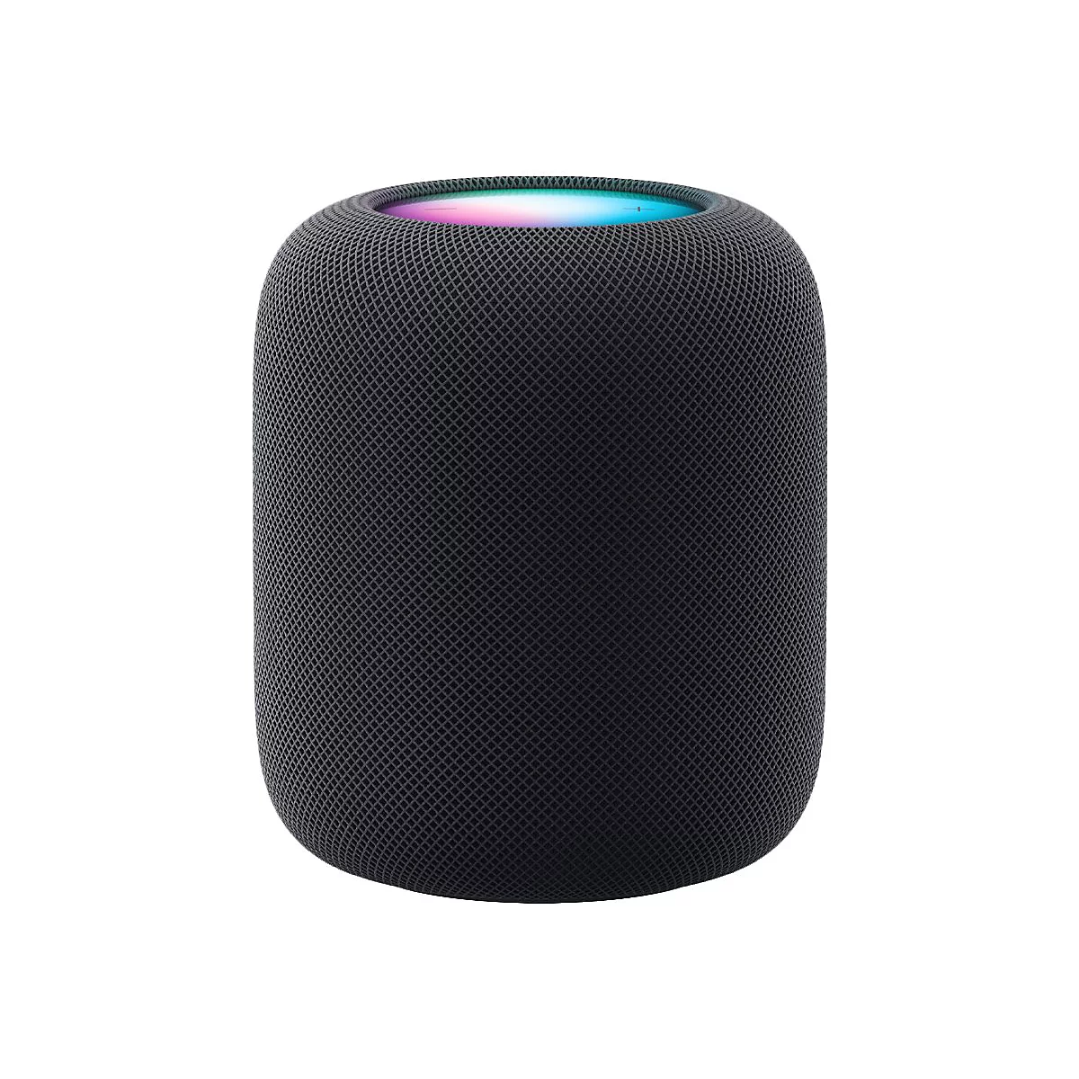 Schwarzer zylindrischer Smart Speaker mit netzartiger Oberfläche und leuchtender, farbiger Oberseite.