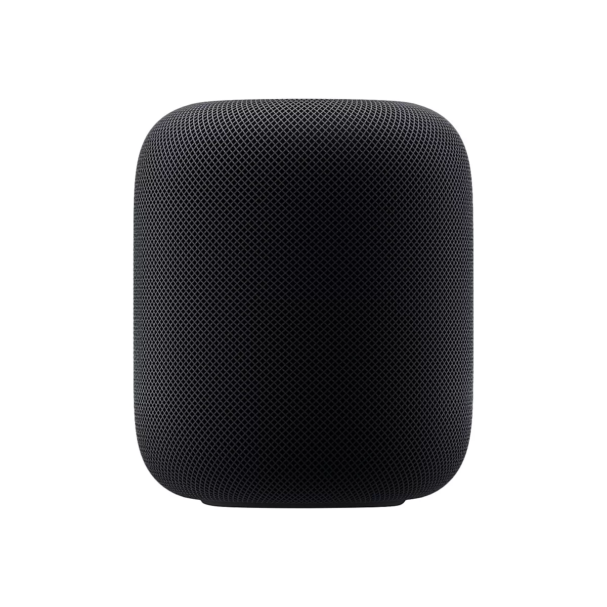 Schwarzer, zylinderförmiger HomePod Lautsprecher mit gewebter Netzstruktur vor weißem Hintergrund.