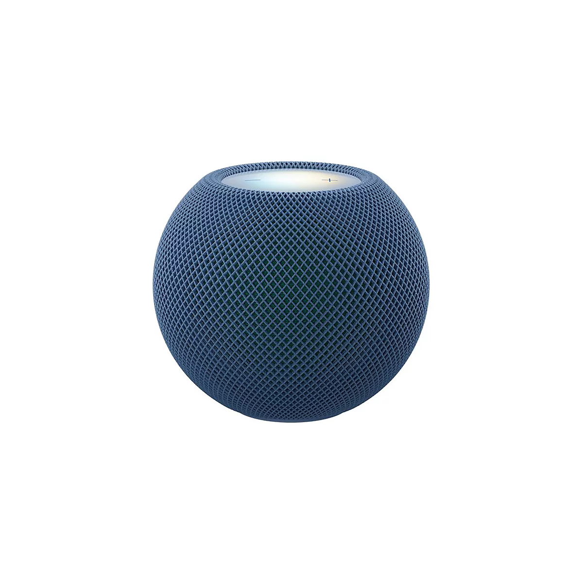 Blauer, kugelförmiger Smart-Speaker mit Gitterstruktur und beleuchteter Touch-Oberfläche an der Oberseite.