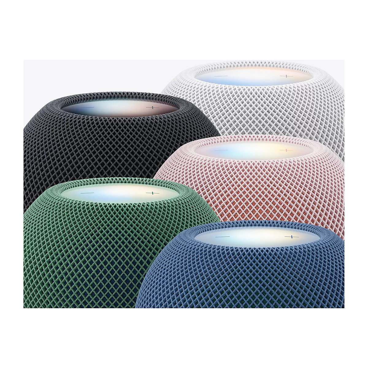 Mehrere kugelförmige Smart-Speaker mit Textilgewebe in verschiedenen Farben wie Weiß, Schwarz, Rosa, Grün und Blau.