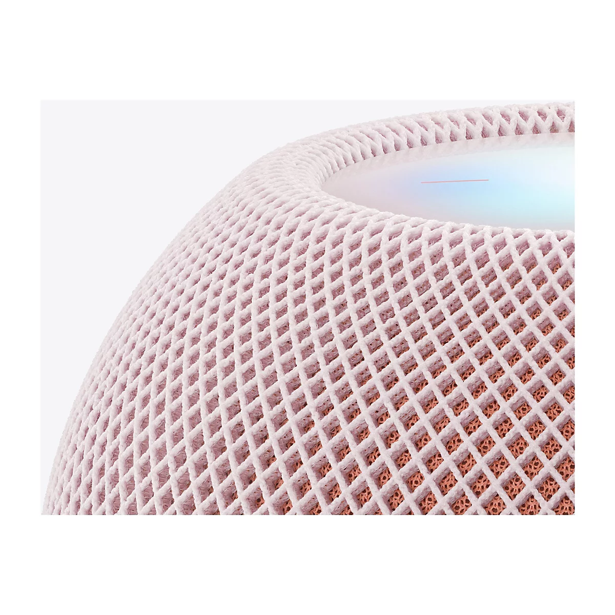 Nahaufnahme der gewebten, hellrosa Oberflächenstruktur eines kugelförmigen Smart Speakers.