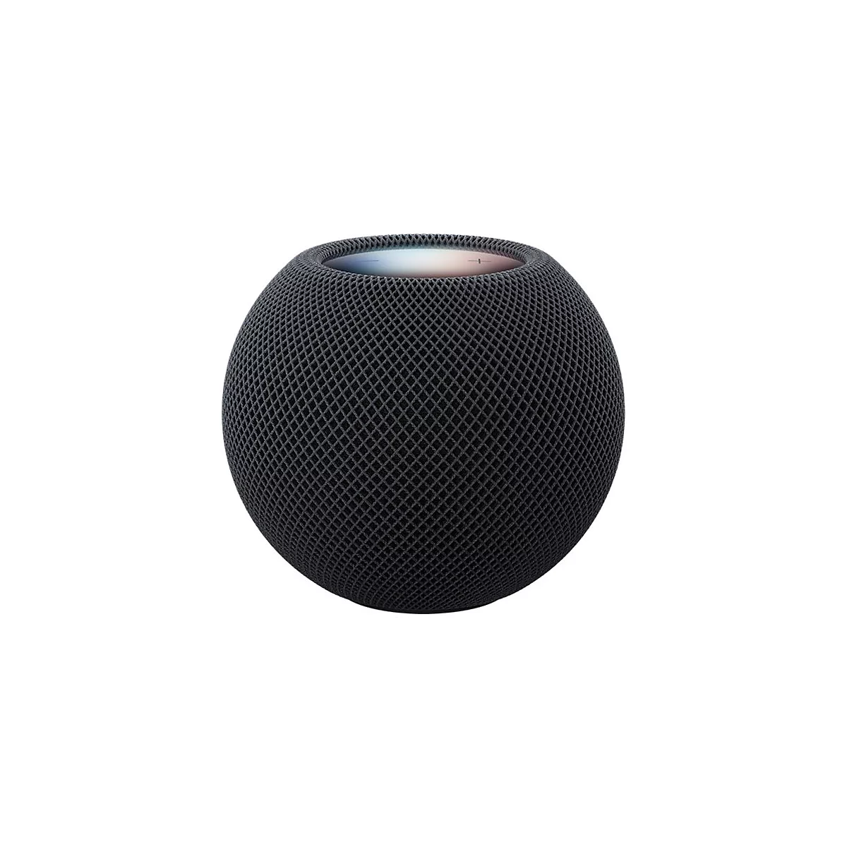 Kugelförmiger, schwarzer HomePod mini Lautsprecher mit leuchtender Touch-Oberfläche auf weißem Hintergrund.