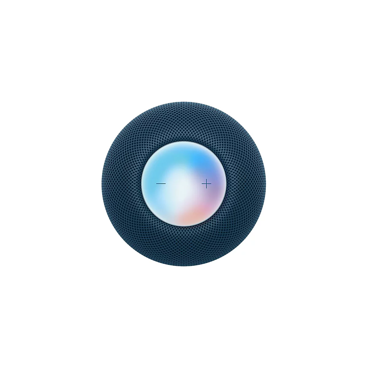 Dunkelblauer Apple HomePod. Oben mit Farbdisplay und Lautstärkezeichen.