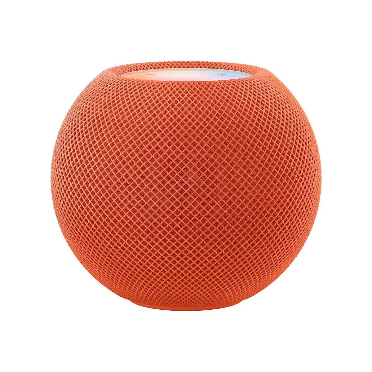 Orangener Apple HomePod Mini, kugelförmig, mit Netzmuster-Oberfläche. Auf der Oberseite leuchtet ein Licht. Hintergrund weiß.