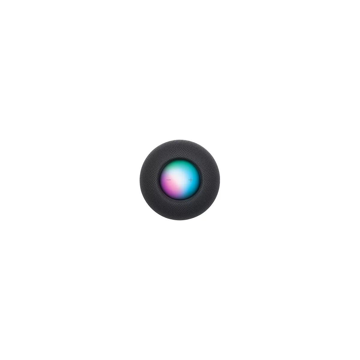 Draufsicht auf einen schwarzen Apple HomePod Mini mit einem Farbdisplay in der Mitte. Auf dem Display sind Plus- und Minuszeichen zu sehen.