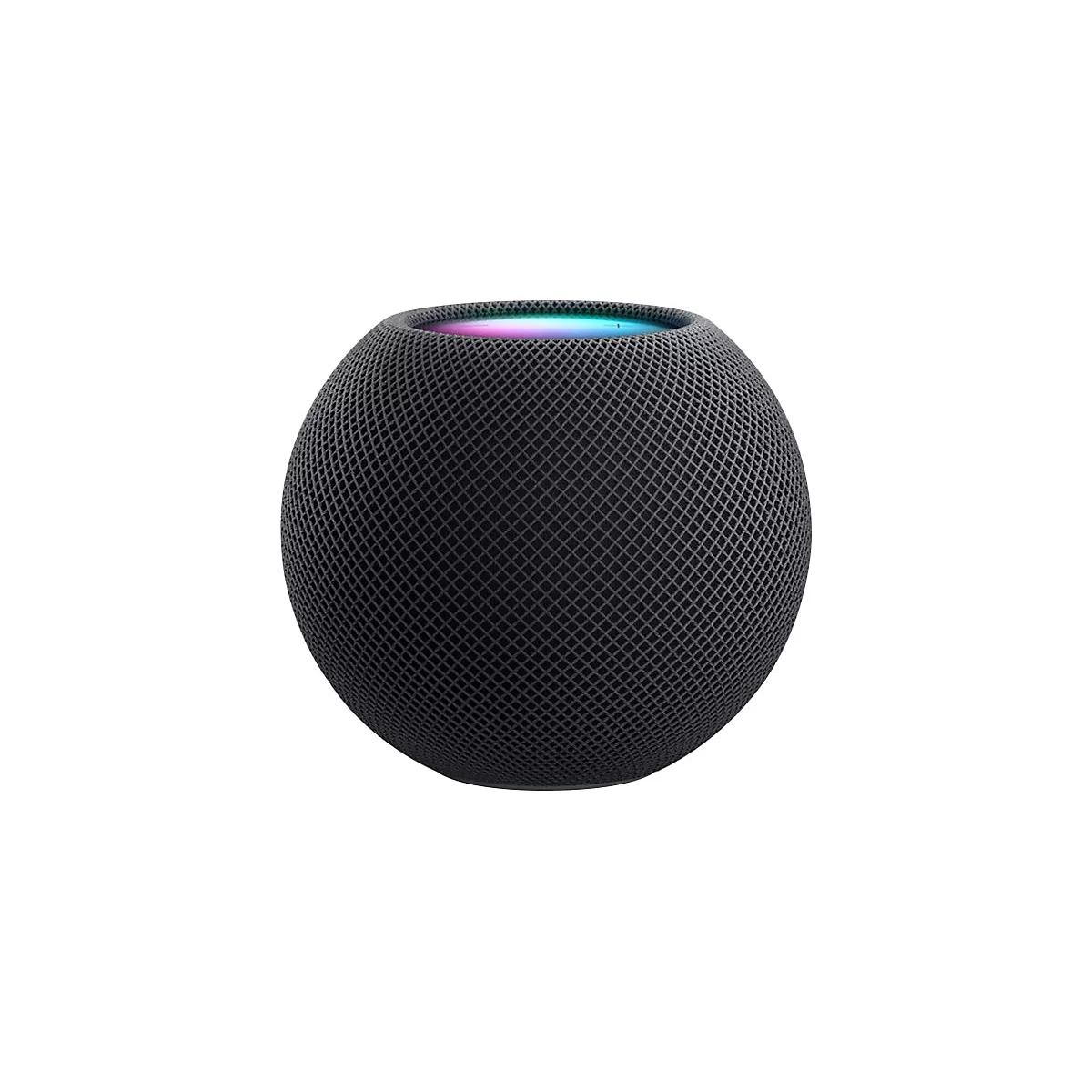 Runder, schwarzer Smart Speaker mit gewebter Oberfläche und farbigem Licht oben.