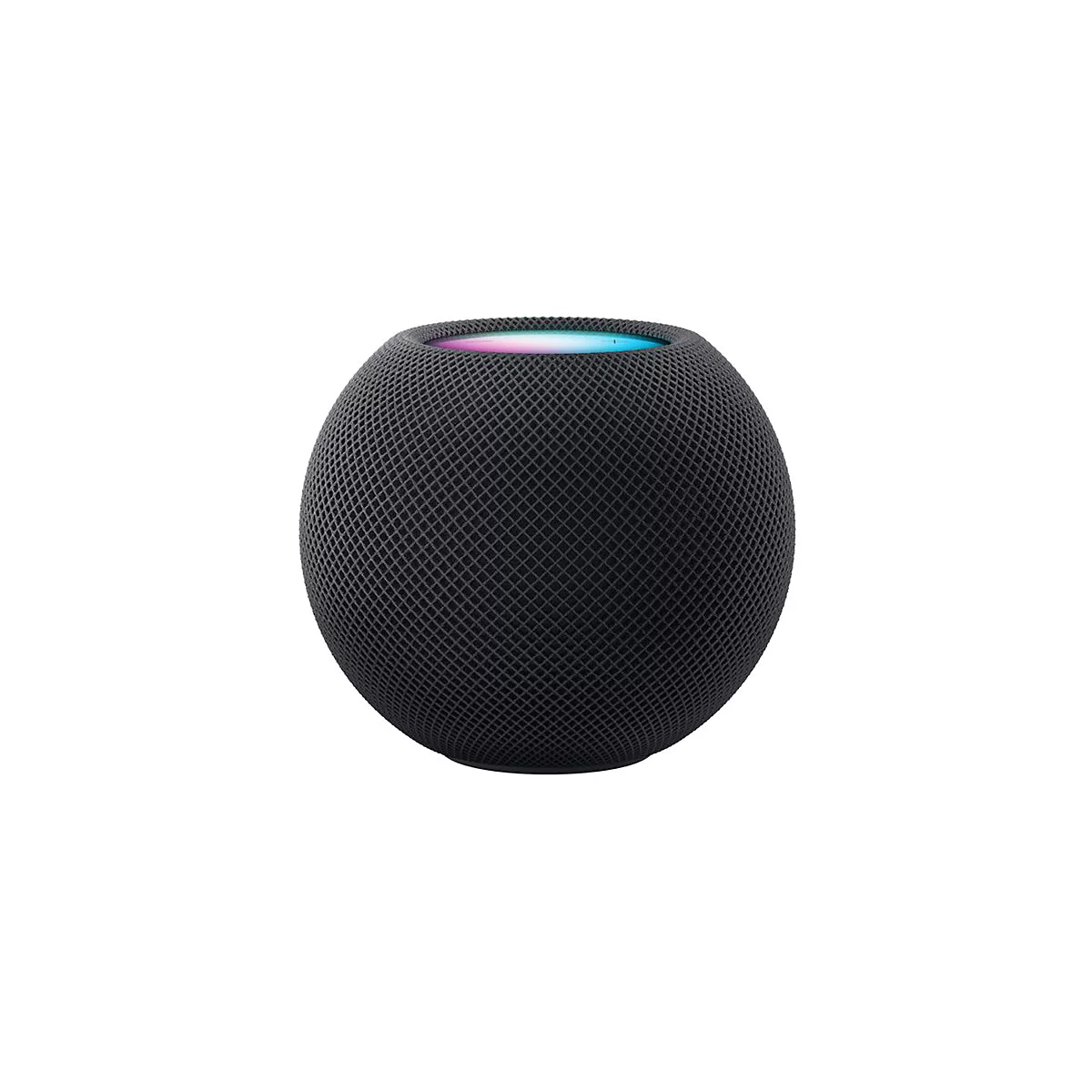 Kugelförmiger, schwarzer Smart Speaker mit netzartiger Textiloberfläche und leuchtender Oberseite auf weißem Grund.