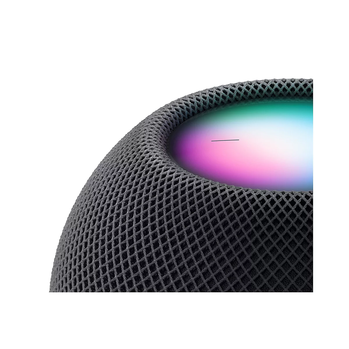 Nahaufnahme der Oberseite eines grauen Smart-Speakers mit leuchtendem, buntem Farbverlauf-Display.