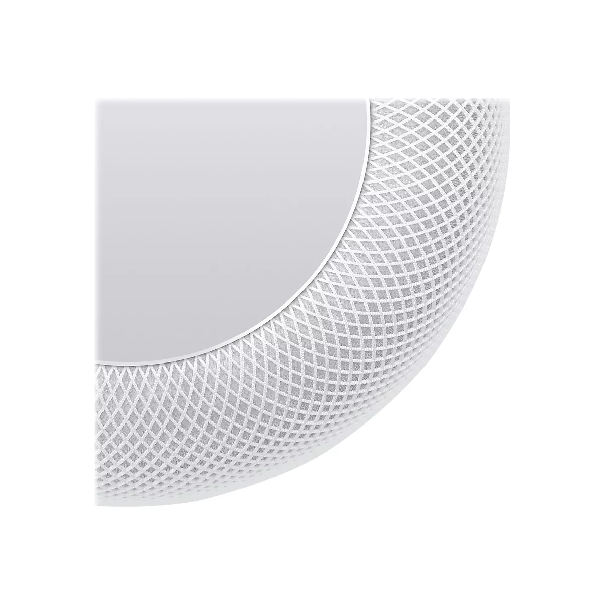 Nahaufnahme der gewebten Stoffoberfläche eines weißen Smart Speakers mit glatter runder Oberseite.