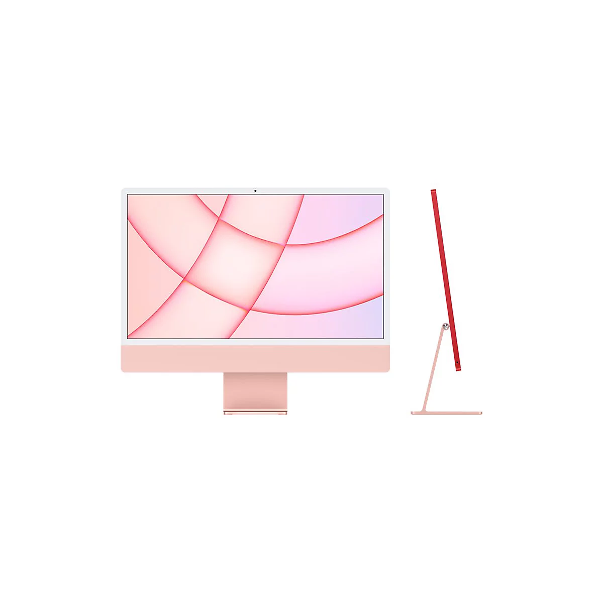 Hellrosa Apple iMac, Seite an Seite und von der Seite fotografiert, vor weißem Hintergrund. Der Bildschirm zeigt abstrakte, farbige Formen.