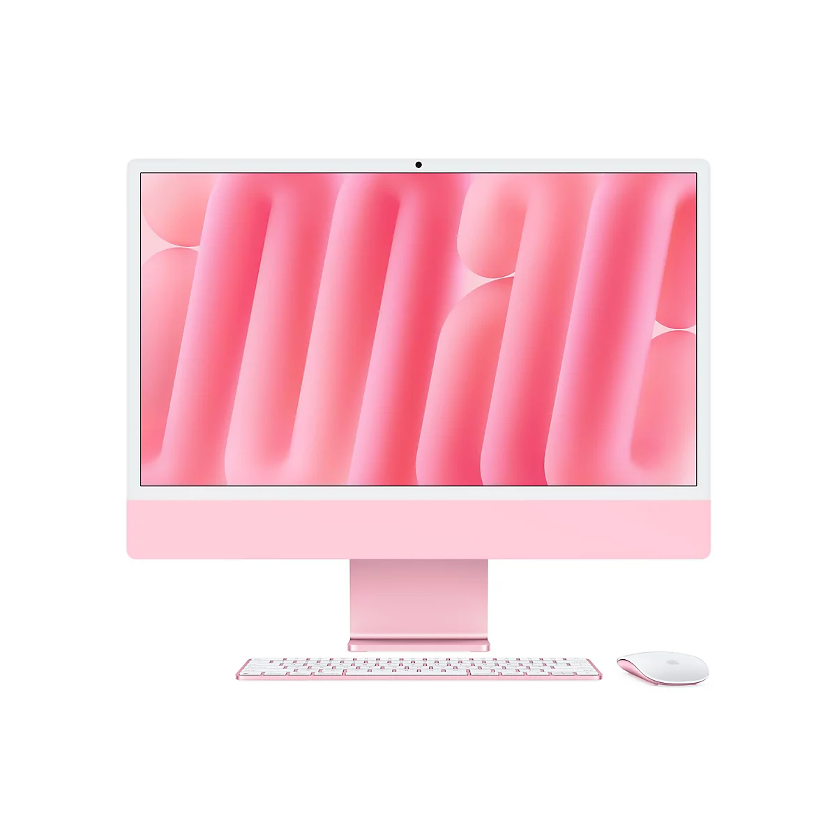 Ein rosa iMac-Computer mit Tastatur und Maus. Der Bildschirm zeigt ein abstraktes rosa Muster. Auf weißem Hintergrund.
