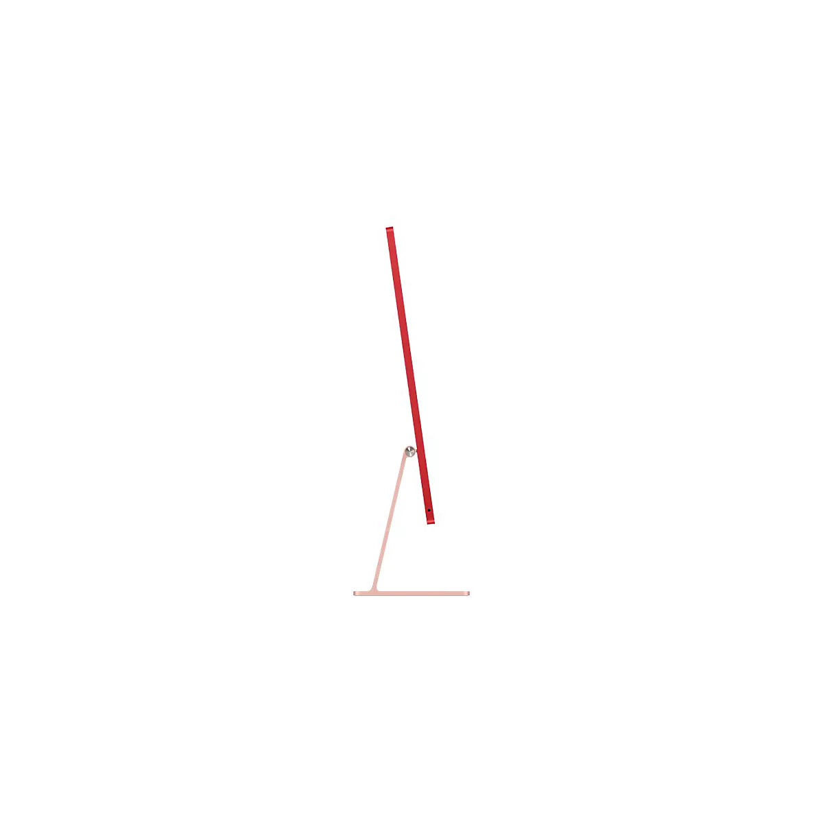 Roter iMac im Profil, rosa Ständer, auf weißem Hintergrund.