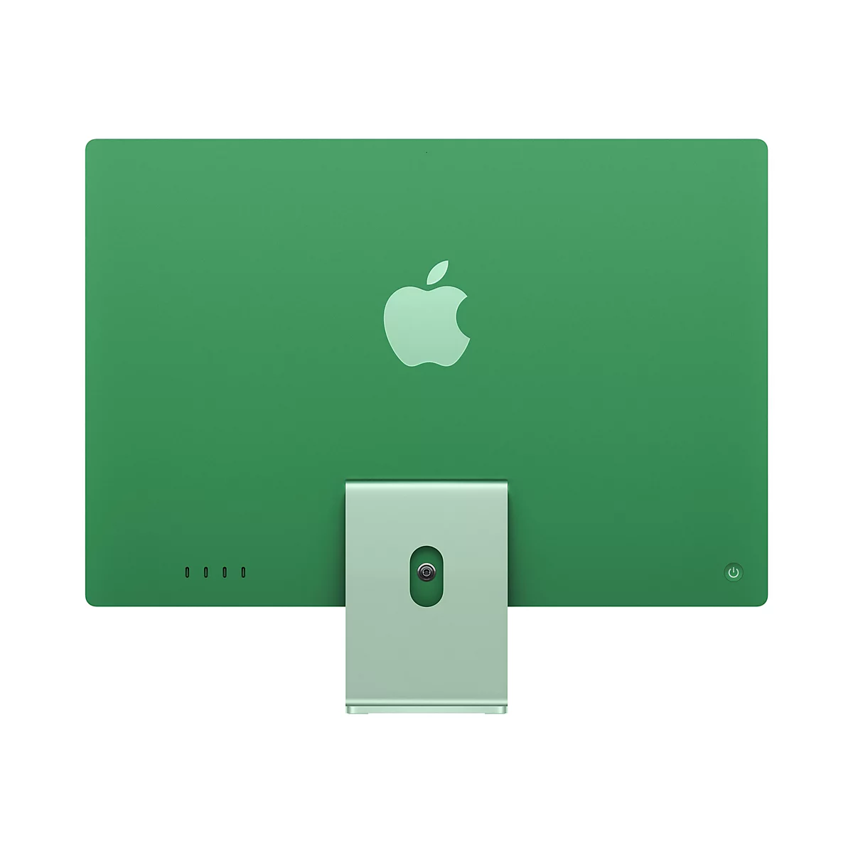 Rückseite eines grünen iMacs. Oben das Apple-Logo, unten der Standfuß und der Einschaltknopf.