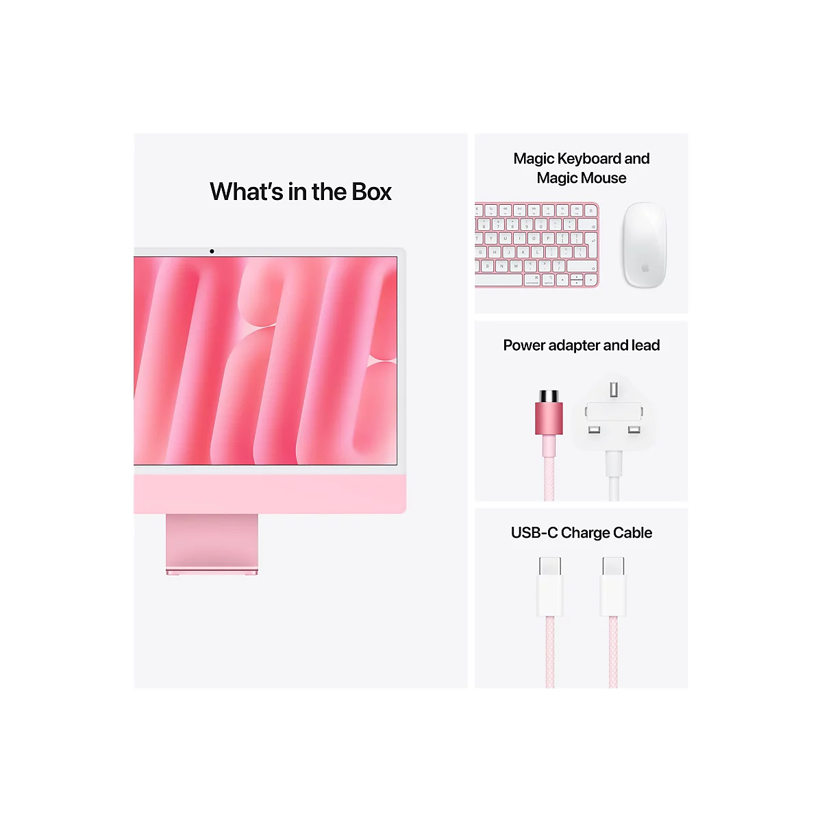 Ein rosa iMac mit Zubehör wie Tastatur, Maus, Netzteil und USB-C-Kabel. Text: „What's in the Box“.
