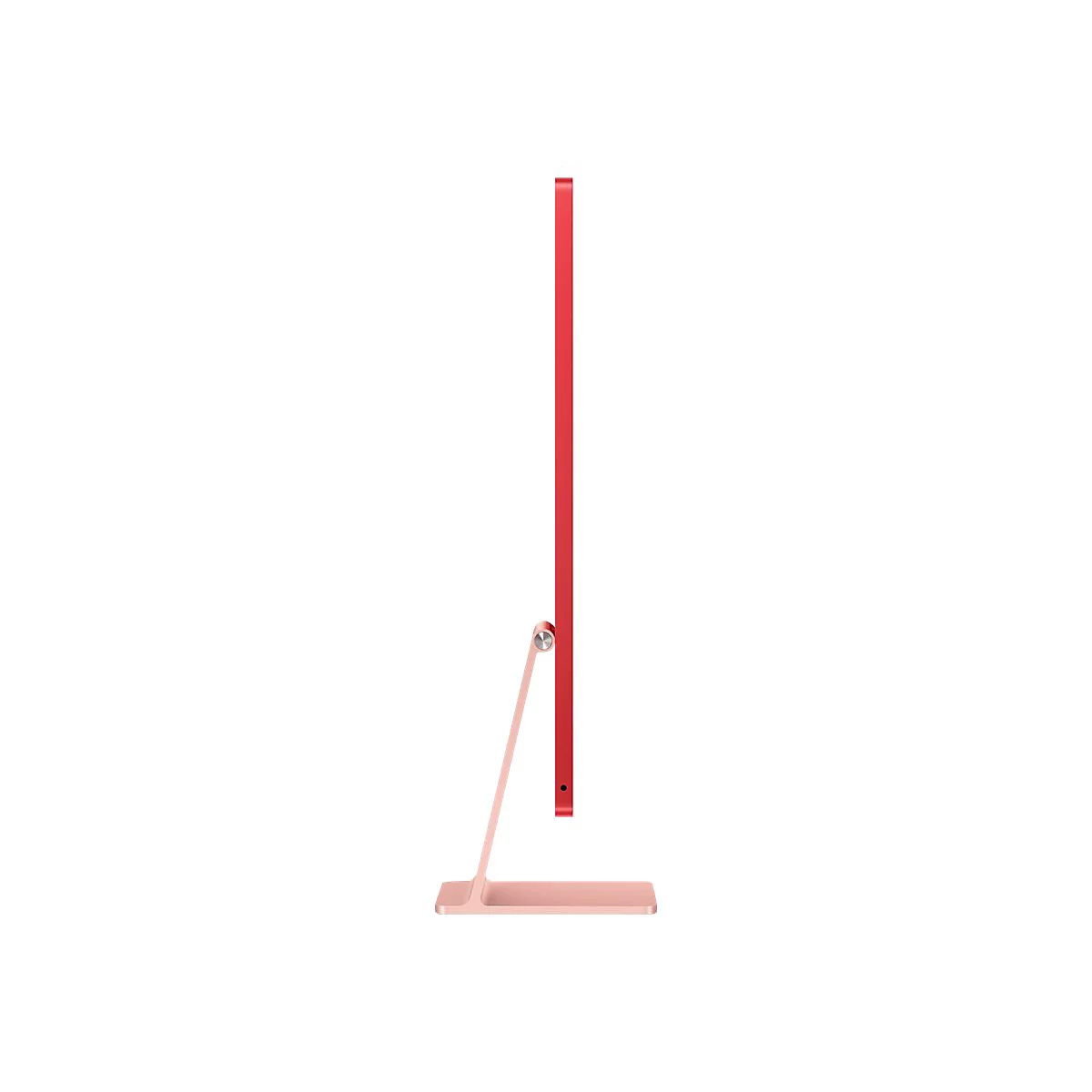 Roter iMac-Computer im Profil, mit rosafarbenem Standfuß auf weißem Hintergrund.