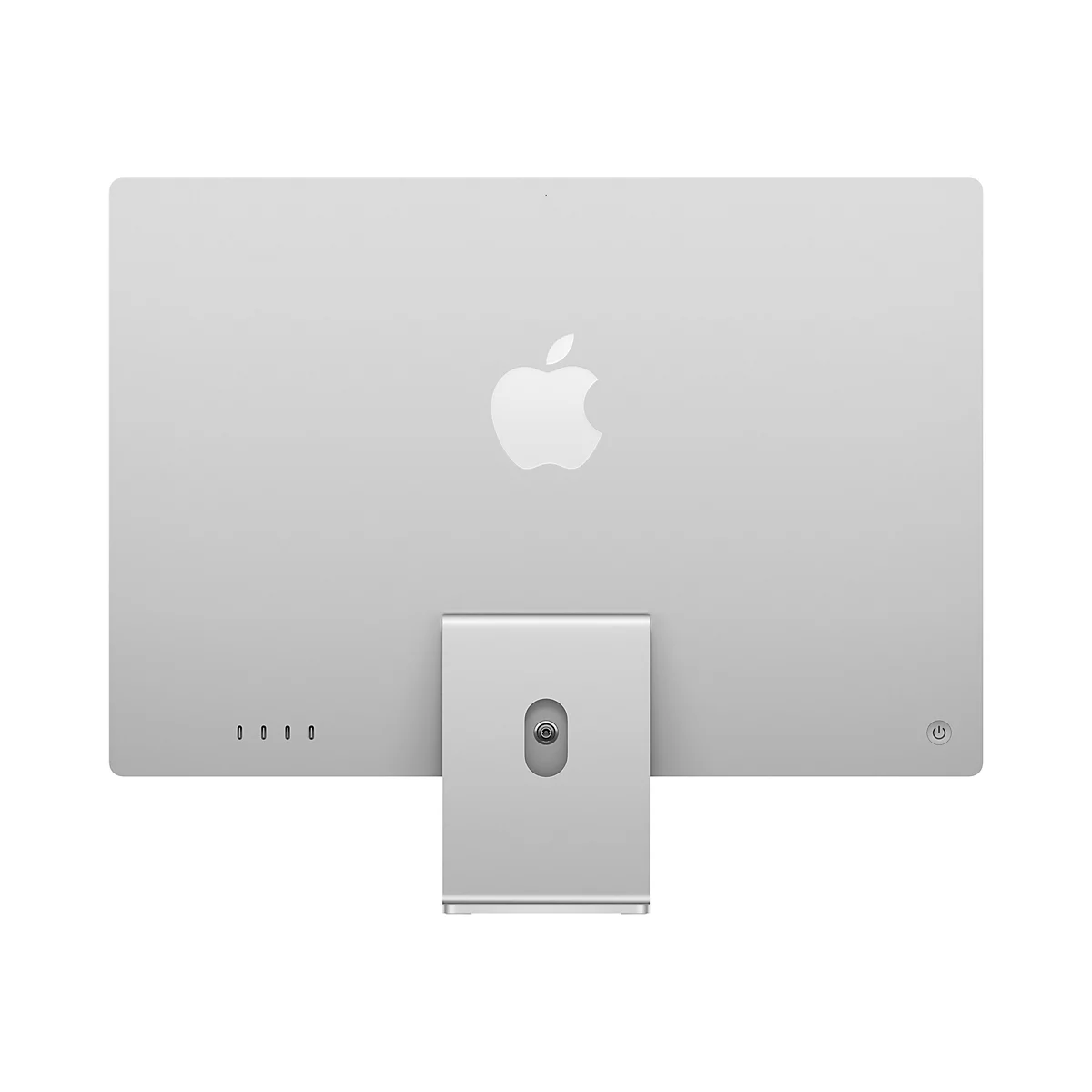 Rückseite eines silbernen iMacs mit Apple-Logo; darunter ein Standfuß mit Anschlüssen und Ein-/Ausschalter.