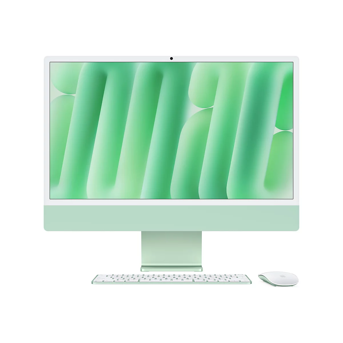 Ein grüner iMac-Computer mit weißer Tastatur und Maus auf weißem Hintergrund. Der Bildschirm zeigt ein grünes abstraktes Muster.