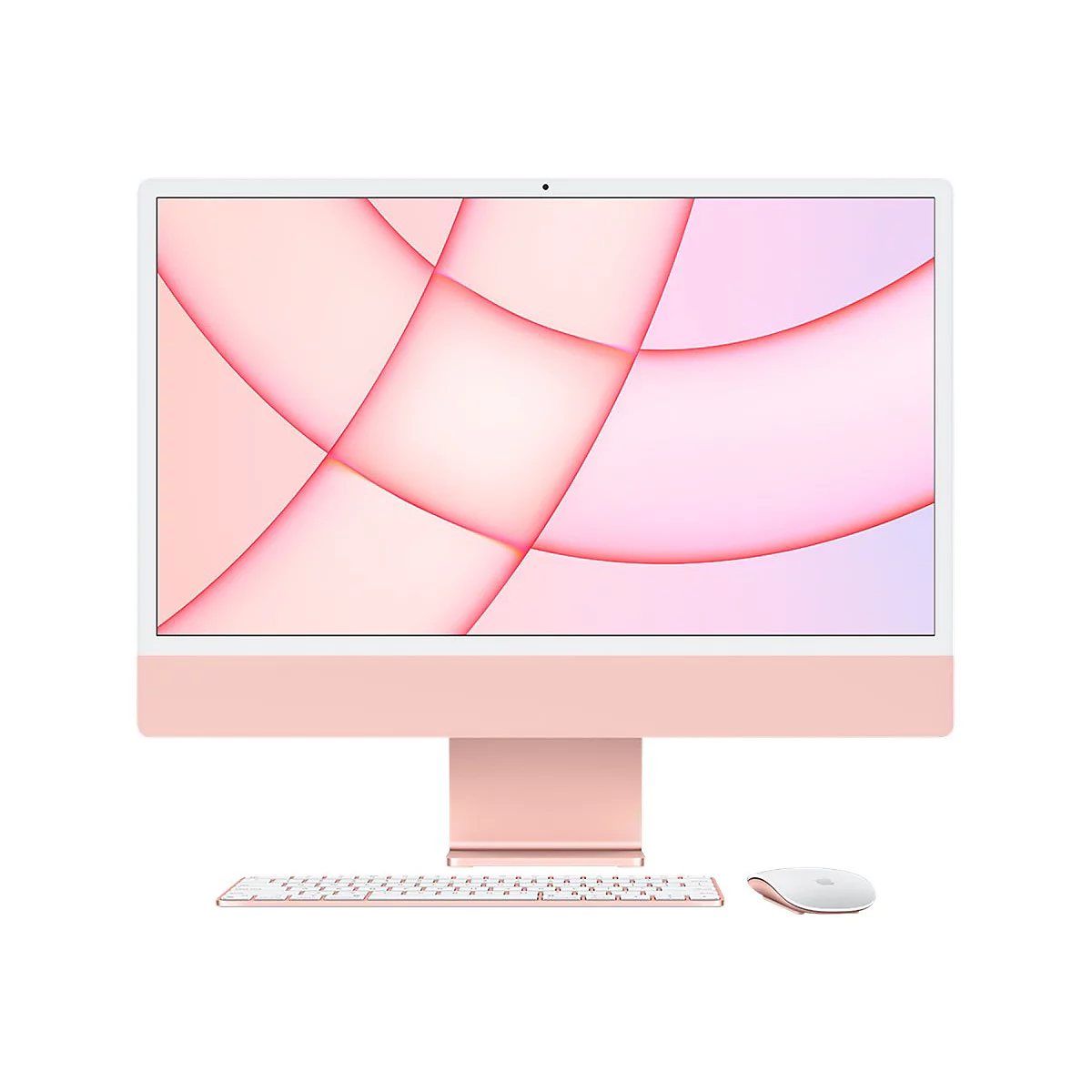 Hellrosa iMac, Tastatur und Maus auf weißem Hintergrund.