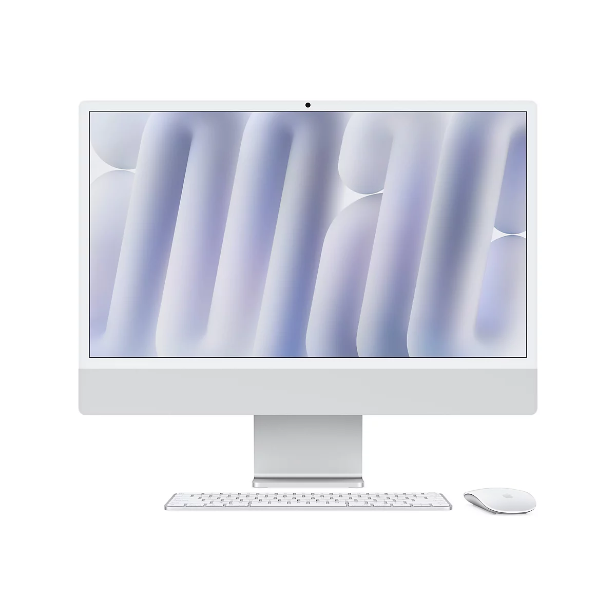 Ein silberner iMac Computer mit drahtloser Tastatur und Maus. Der Bildschirm zeigt ein abstraktes, weiß-blaues Muster.