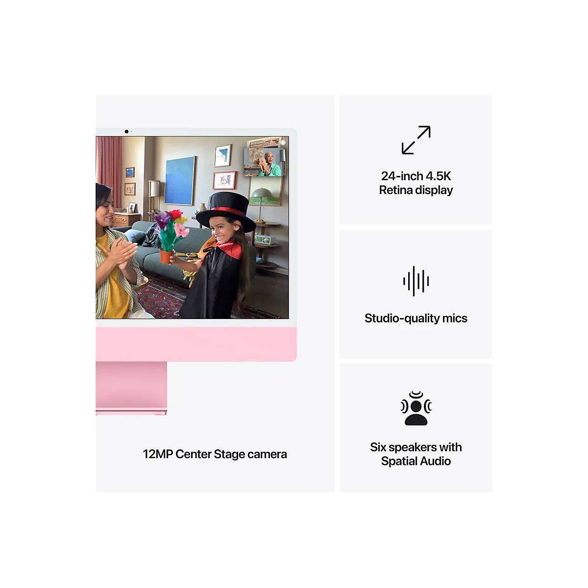 Ein rosafarbener All-in-One-Computer zeigt eine junge Person in einem Zauberkostüm vor einem Bildschirm, auf dem eine andere Person zu sehen ist. Auf dem Bildschirm sind Eigenschaften aufgeführt.