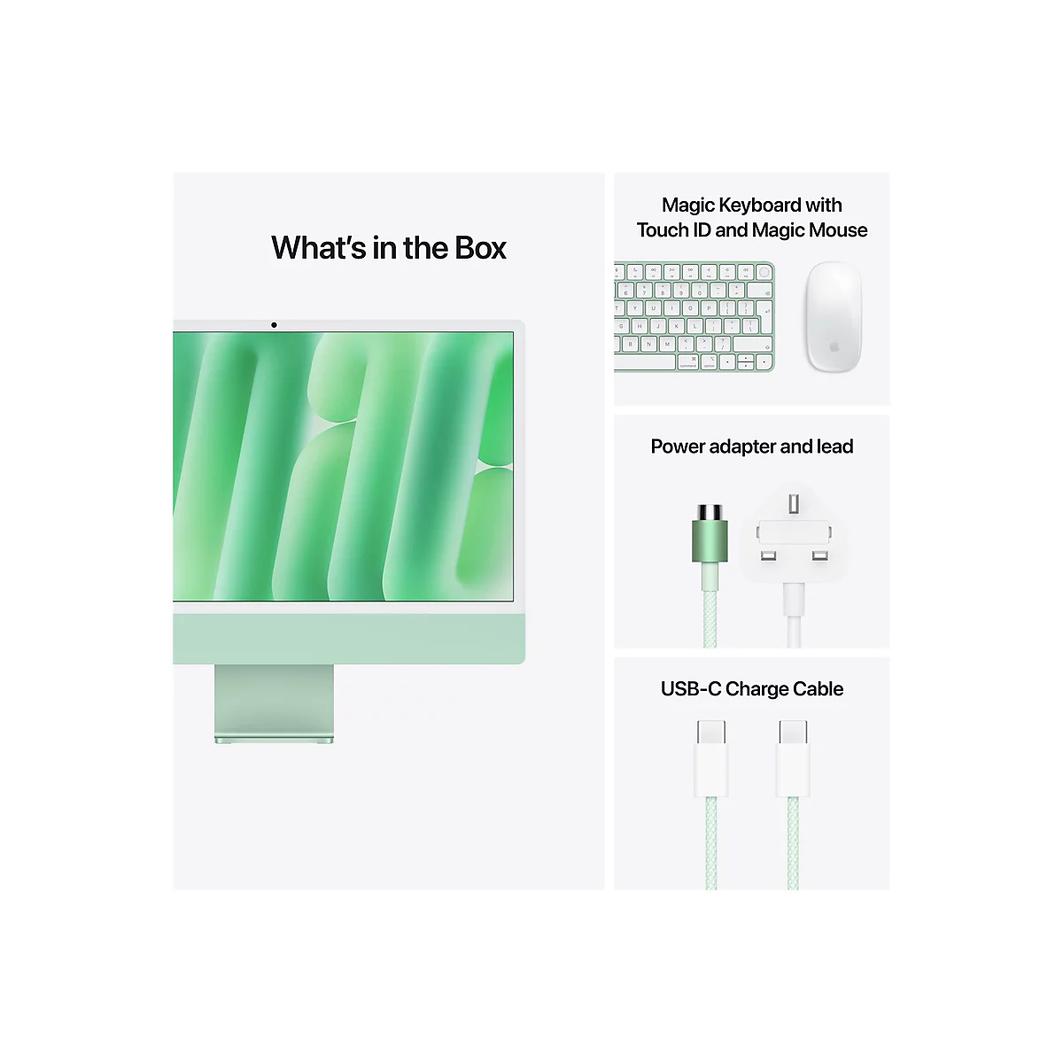 Hellgrüner iMac mit Zubehör: Magic Keyboard, Magic Mouse, Netzteil und USB-C-Kabel. Text: „Was ist in der Box?“