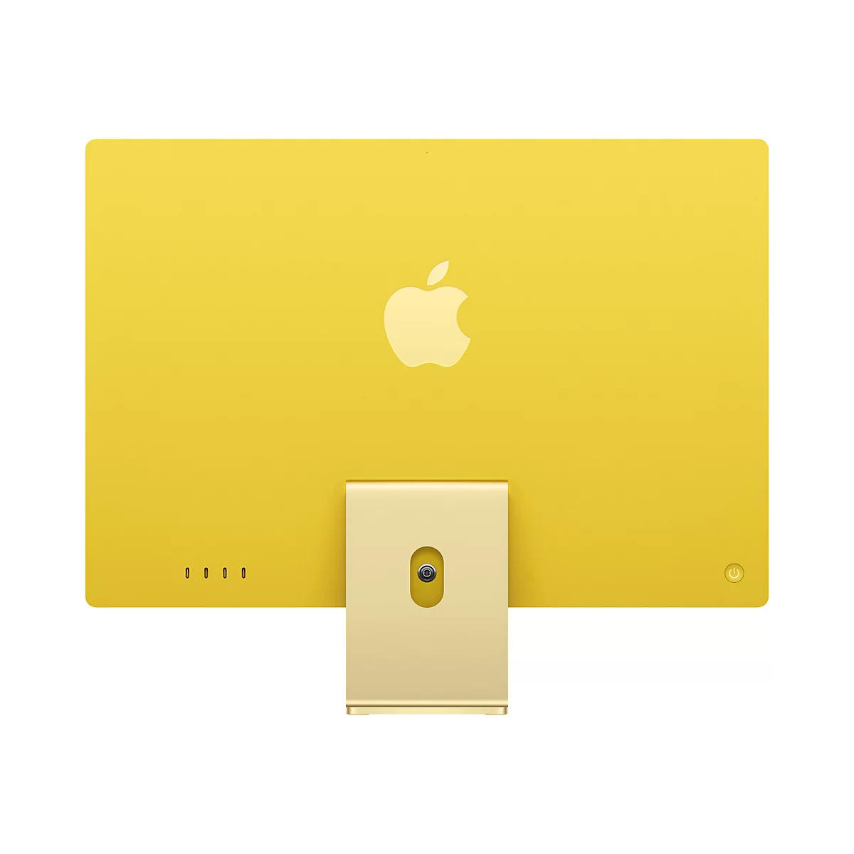 Gelber iMac mit Apple-Logo, Rückansicht. Standfuß und Ein-/Ausschalter sind sichtbar.