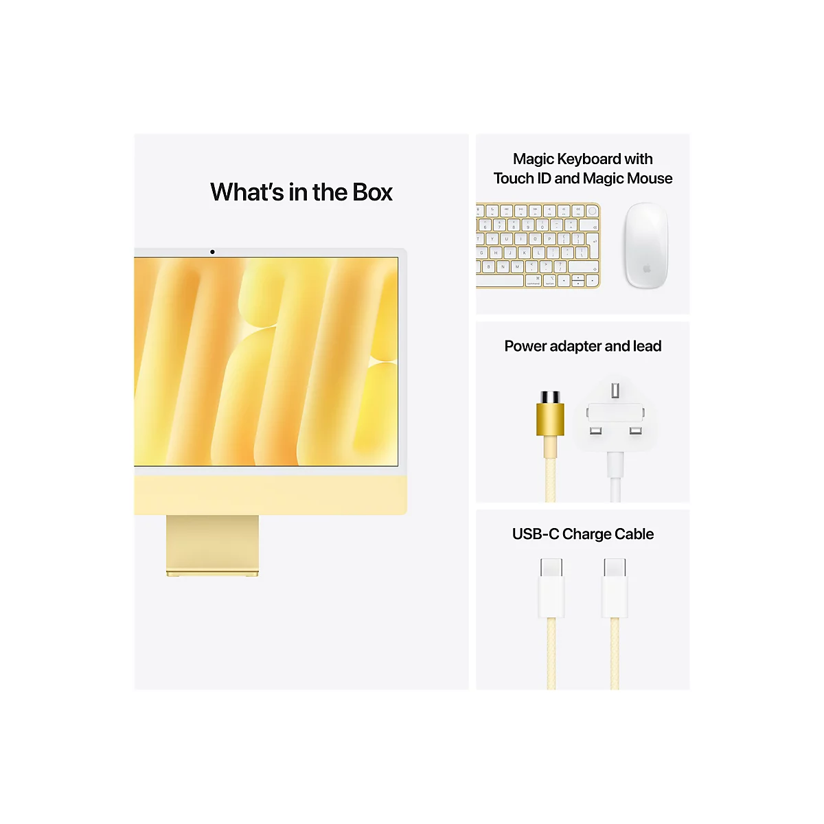 Gelber iMac mit Zubehör: Tastatur, Maus, Netzteil und USB-C-Kabel. Aufschrift: „What's in the Box“.