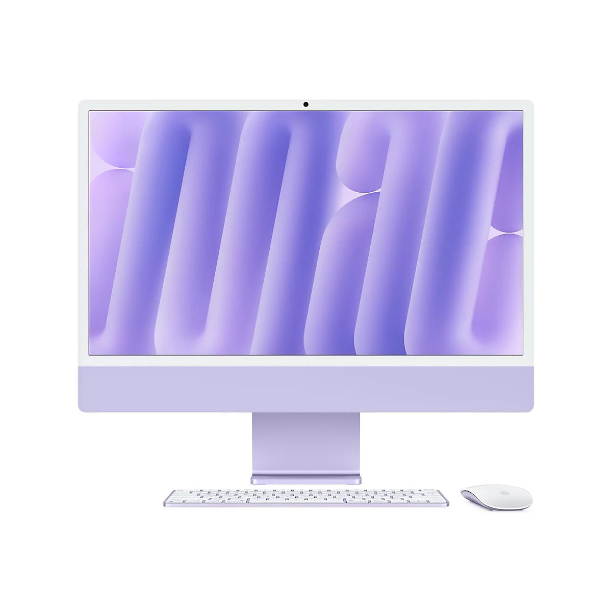 Helllila iMac mit passender Tastatur und Maus. Der Bildschirm zeigt ein lila Muster. Alles vor weißem Hintergrund.