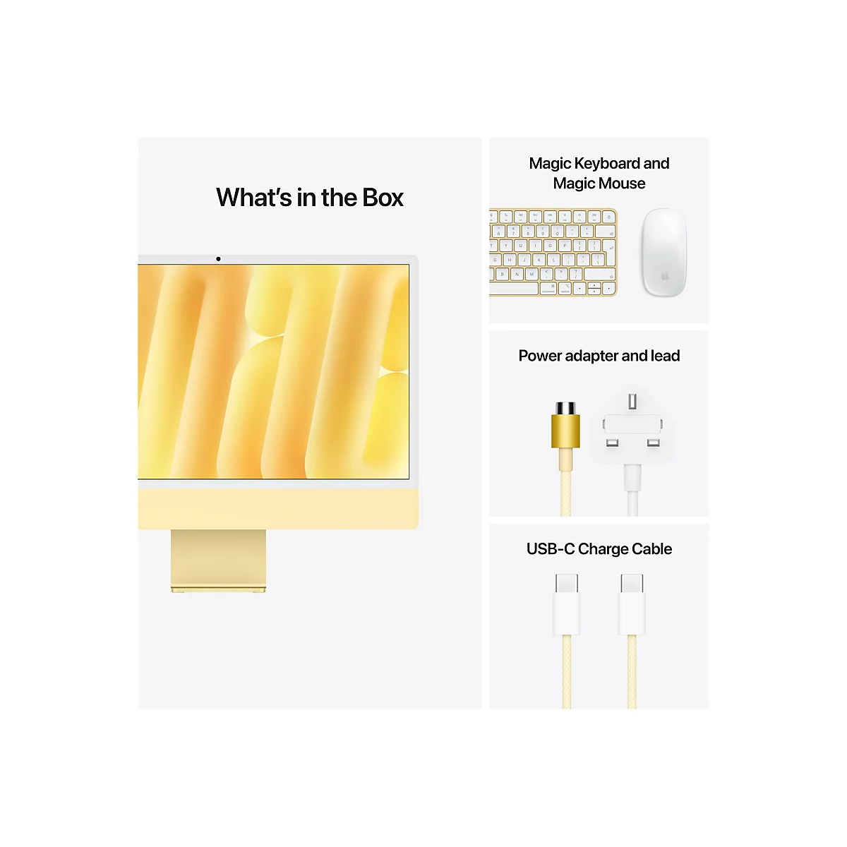 Gelber iMac, Magic Keyboard, Magic Mouse, Netzteil, USB-C-Ladekabel. Text: „What's in the Box“