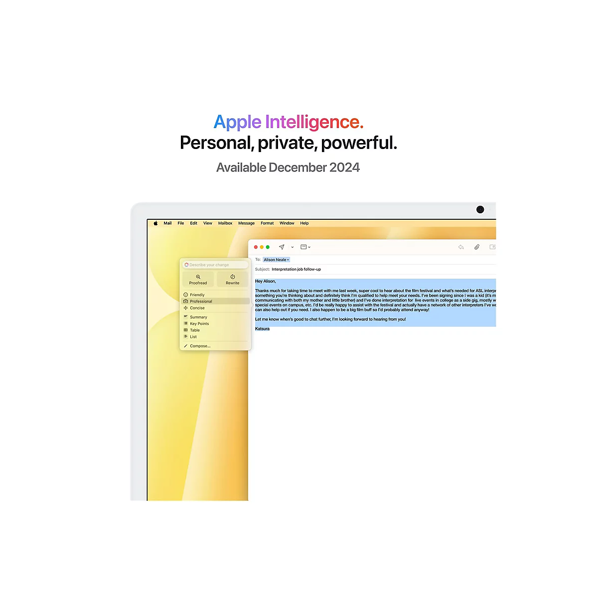 Screenshot eines Apple-Geräts, das eine E-Mail mit dem Betreff „Interpretation Job Follow-up“ anzeigt. Der Text oben lautet „Apple Intelligence. Persönlich, privat, leistungsstark. Verfügbar Dezember 2024.“