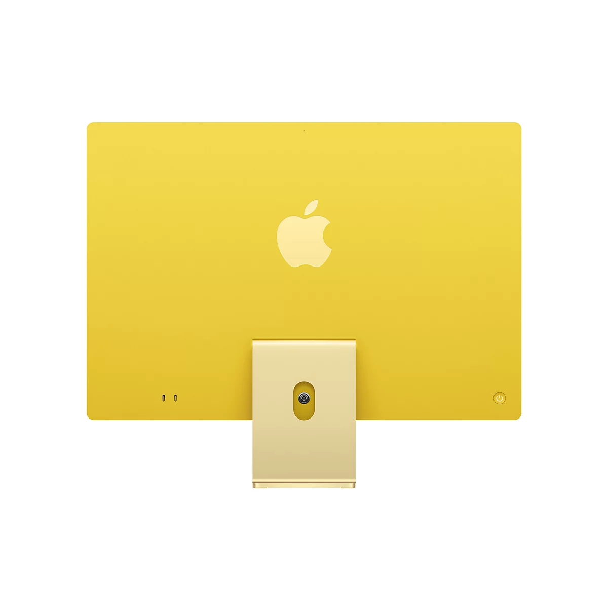 Gelber iMac, Rückseite: Apple-Logo, Standfuß, Einschaltknopf, Anschlüsse.