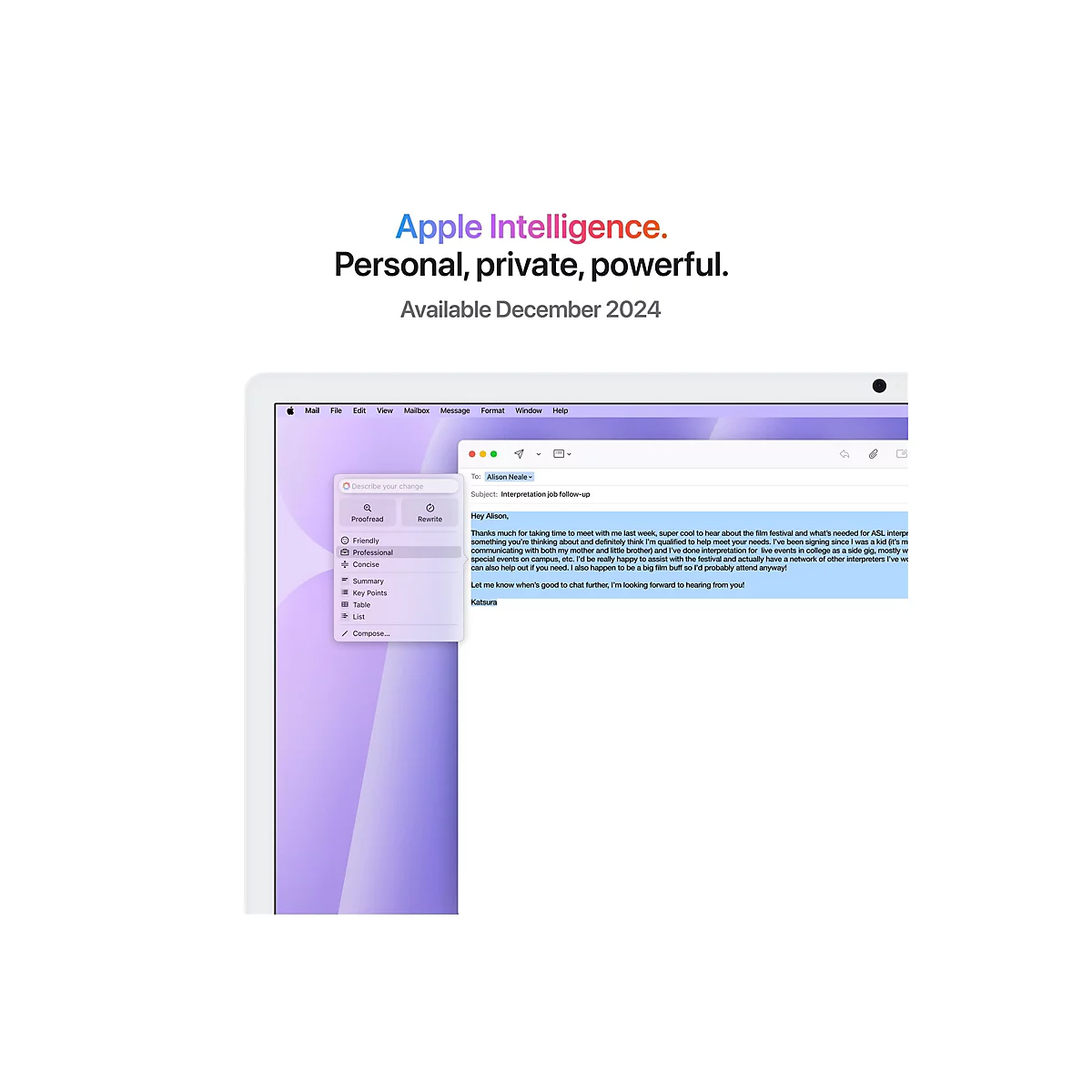 Screenshot eines Apple-Geräts mit einer E-Mail-Ansicht. Der Text zeigt 'Apple Intelligence' und beschreibt Funktionen.
