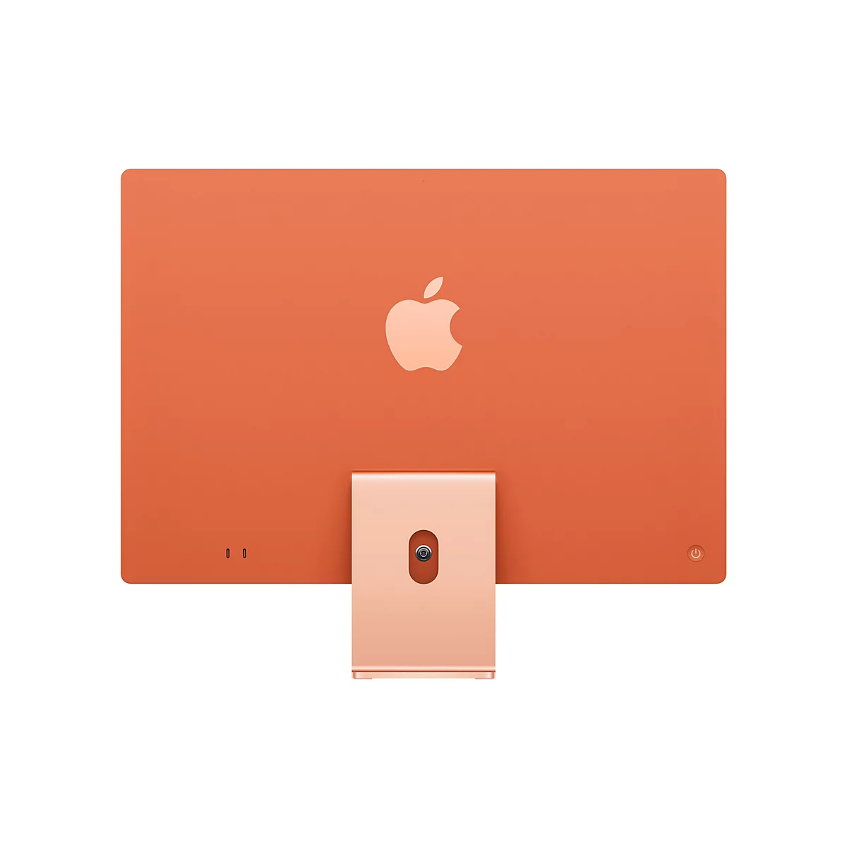 Ansicht des Apple iMacs in Orange, Rückseite. Apple-Logo, Power-Knopf und Anschlüsse zu sehen.