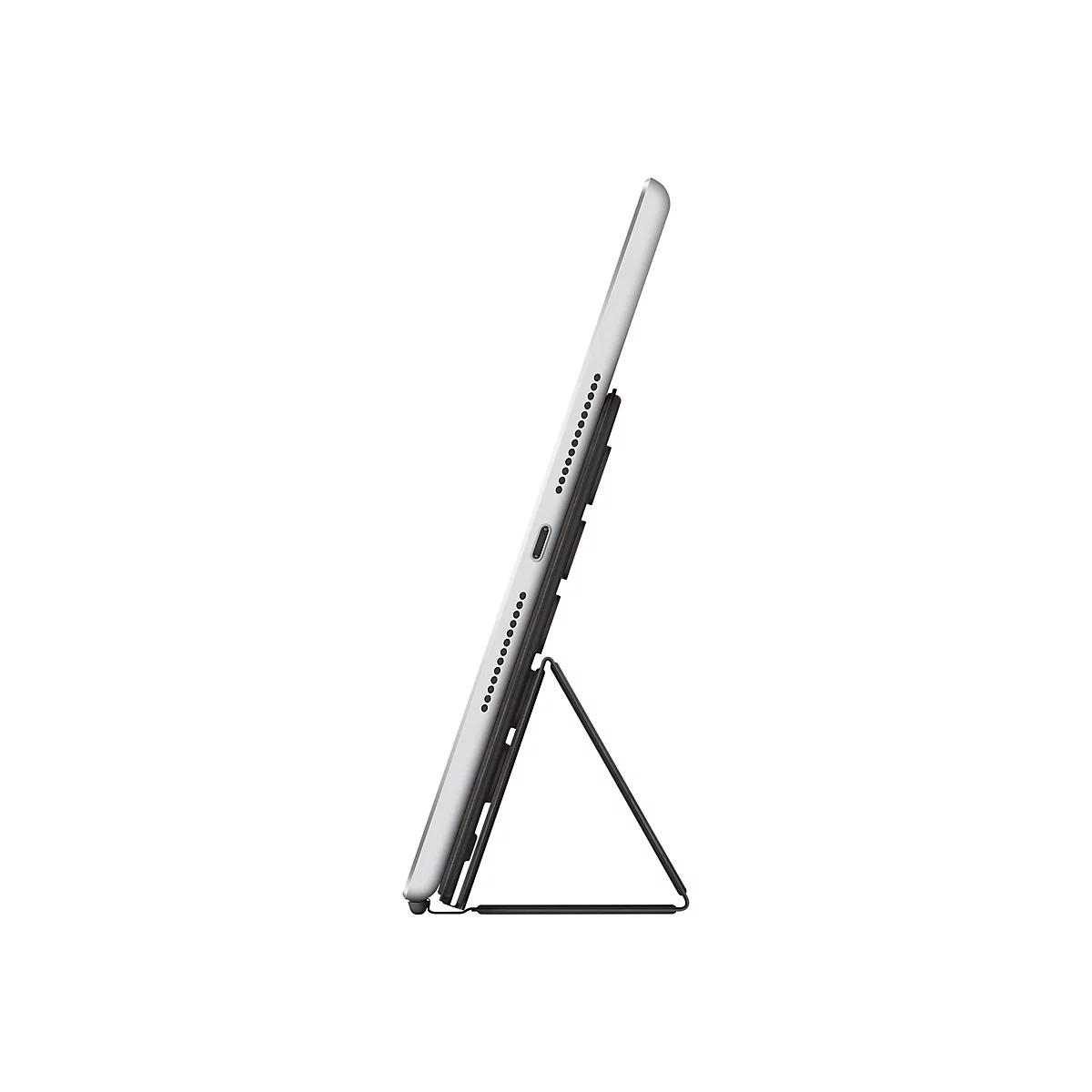 Une tablette grise est présentée verticalement dans un étui noir avec un support. Les boutons latéraux et les ports sont visibles.