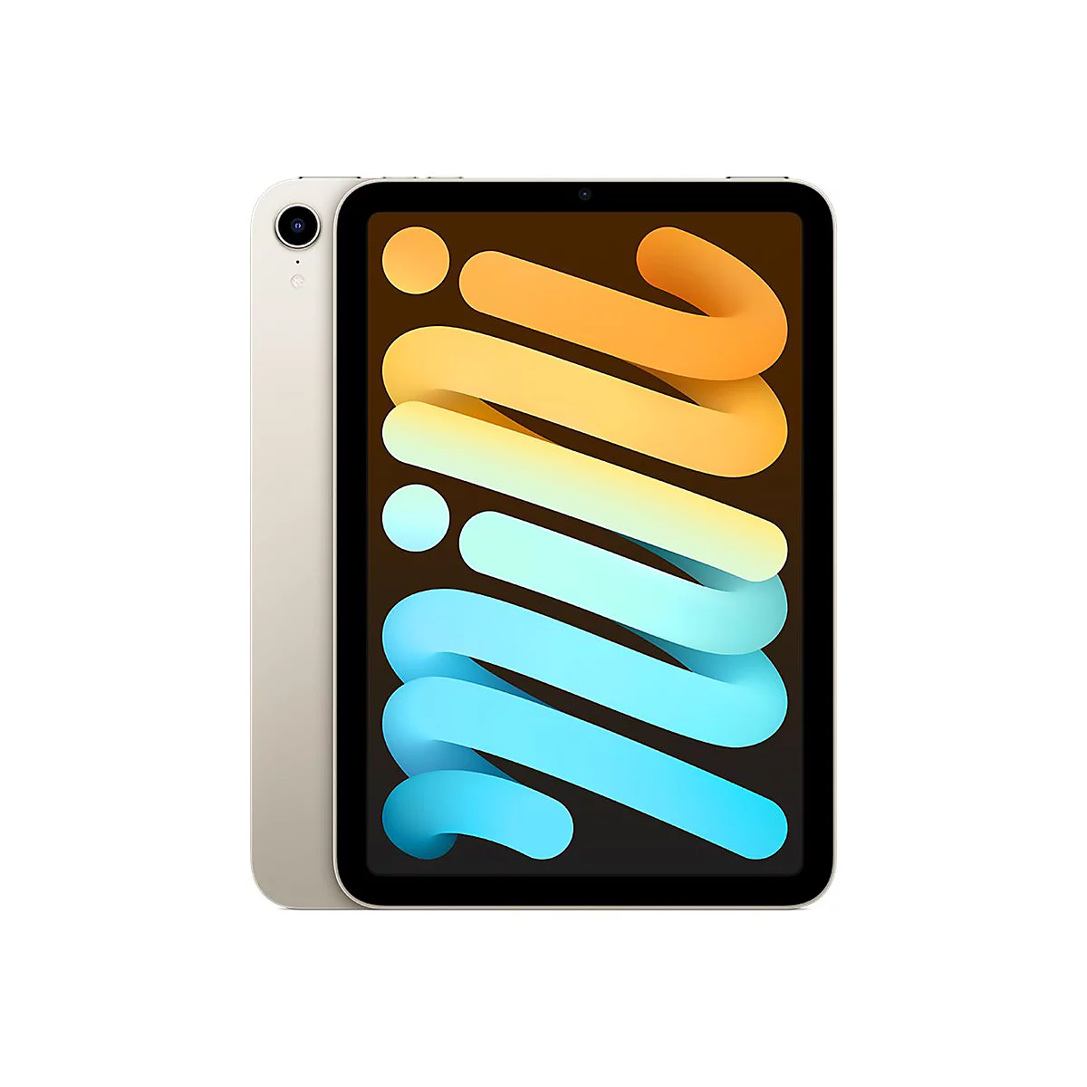 Beigefarbenes Apple iPad Mini, seitlich fotografiert. Auf dem Display ist ein abstraktes Muster in Gelb, Orange und Blau zu sehen.