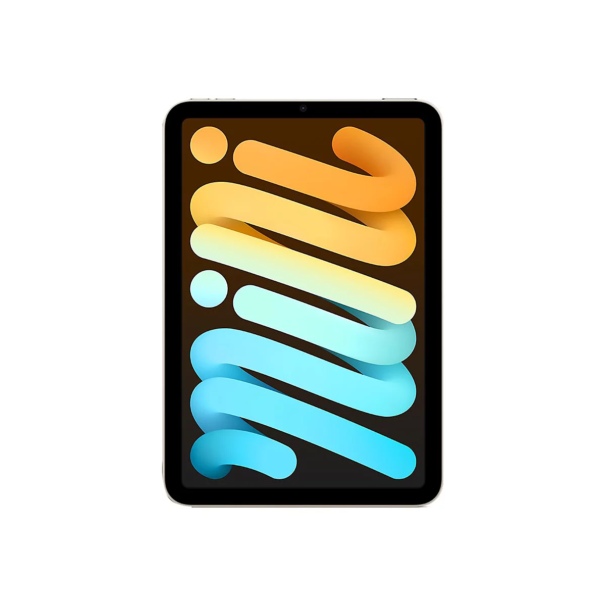 Ein schwarzes Tablet vor weiÃŸem Hintergrund. Auf dem Display dynamische, farbige Wellen in Orange, Gelb und Blau.