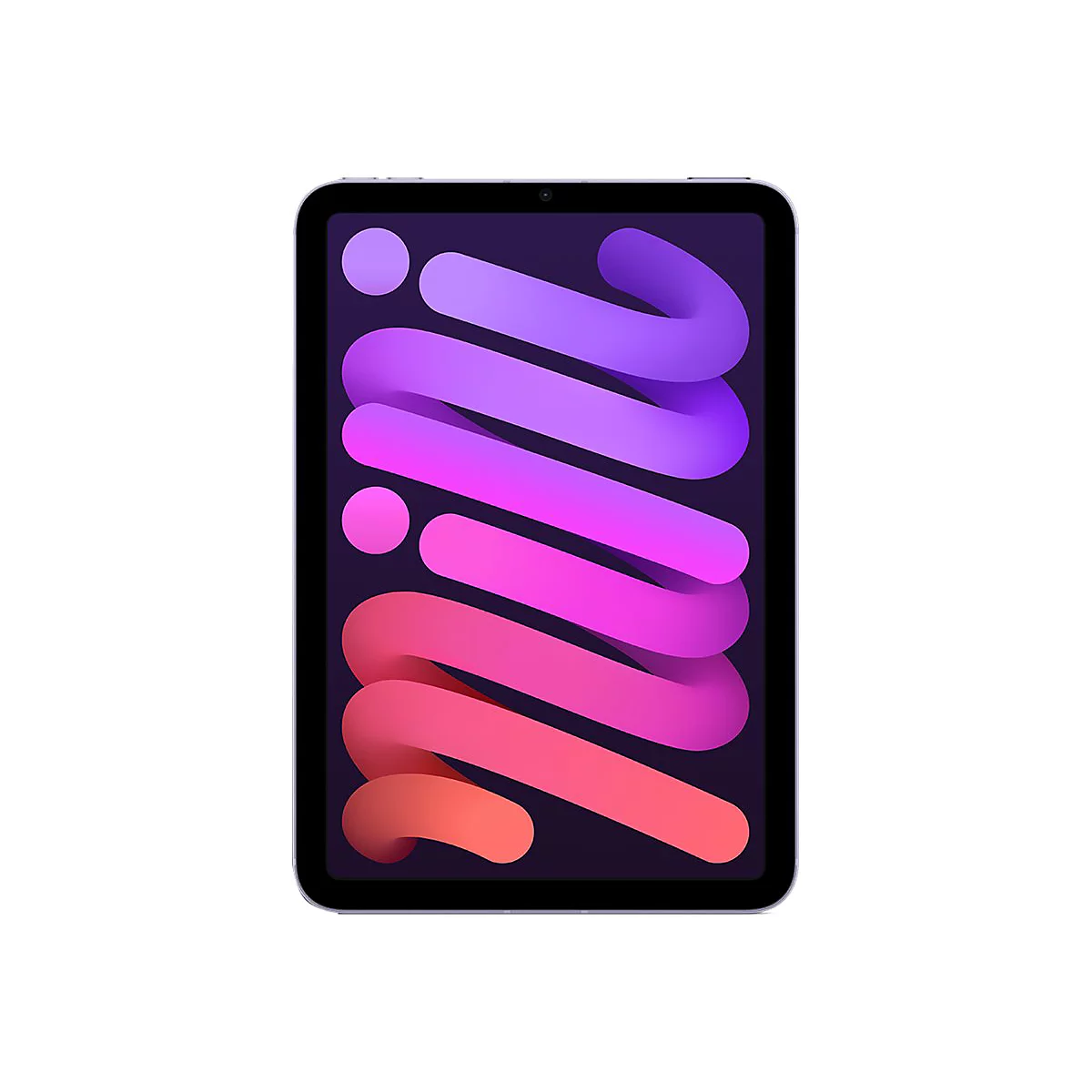 Ein iPad Mini vor weiÃŸem Hintergrund. Auf dem Bildschirm ein abstraktes, farbenfrohes Design aus pinken, lila und violetten Formen.