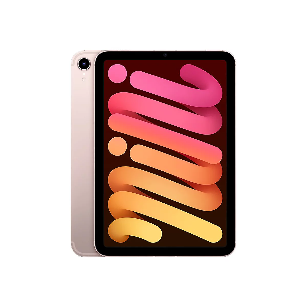 Ein iPad Mini in Rosa vor weiÃŸem Hintergrund. Der Bildschirm zeigt farbige Wellen.