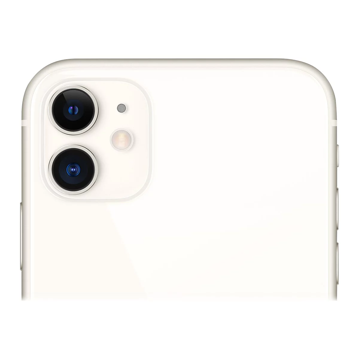 Nahaufnahme des weißen Kameramoduls eines iPhones mit zwei Linsen, einer kleinen Linse und einem Blitz.