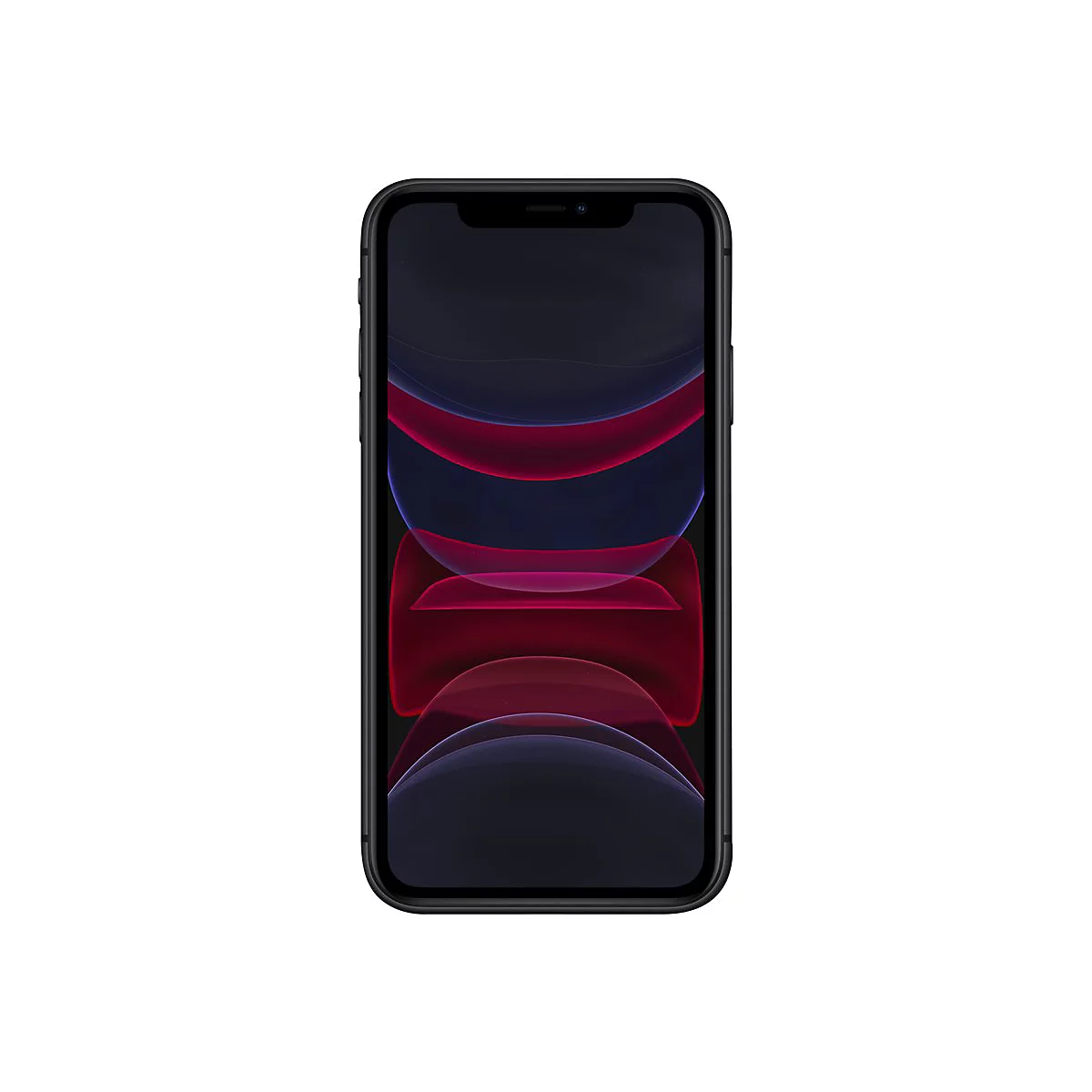 Schwarzes Smartphone mit rotem und blauem Hintergrund. Der Bildschirm zeigt ein abstraktes Design.
