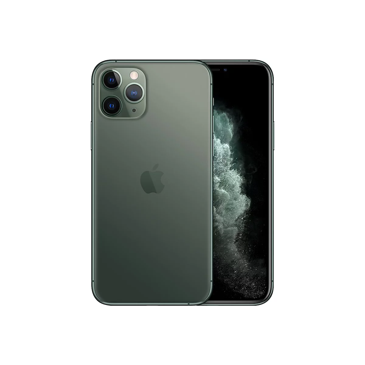 Dunkelgrünes iPhone, Rückseite und Display, drei Kameraobjektive.