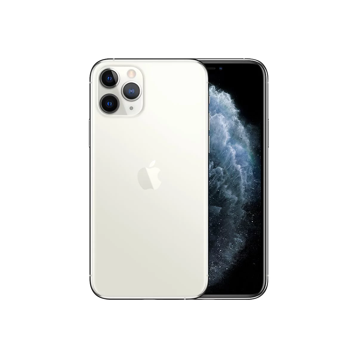 Hellgraues iPhone 11 Pro, Rückseite, Apple-Logo, drei Linsen, schwarzer Bildschirm.